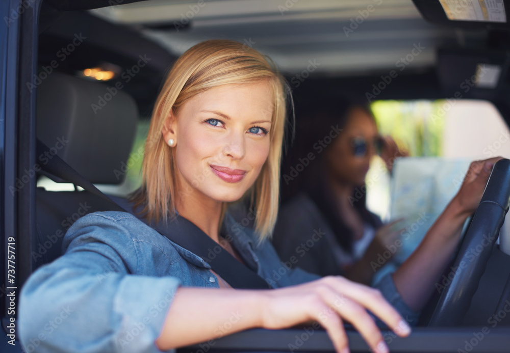 Woman, friends and map in car for road trip with happy direction, guide or information of location on a travel journey. Portrait of a driver or friends with safety, transport and ready for vacation
