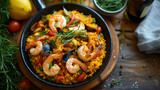 close up of Seafood Paella in a frying pan, Food Photography