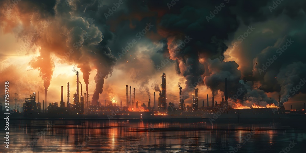 Industrial fire at oil refinery factory; emergency and danger as dark smoke fills the air. Concept Industrial Fire, Oil Refinery Factory, Dark Smoke, Emergency, Danger