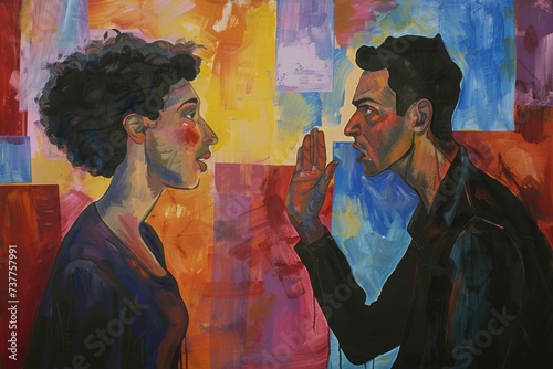 Painting of a Man and a Woman Engaged in Conversation. Generative AI. photo