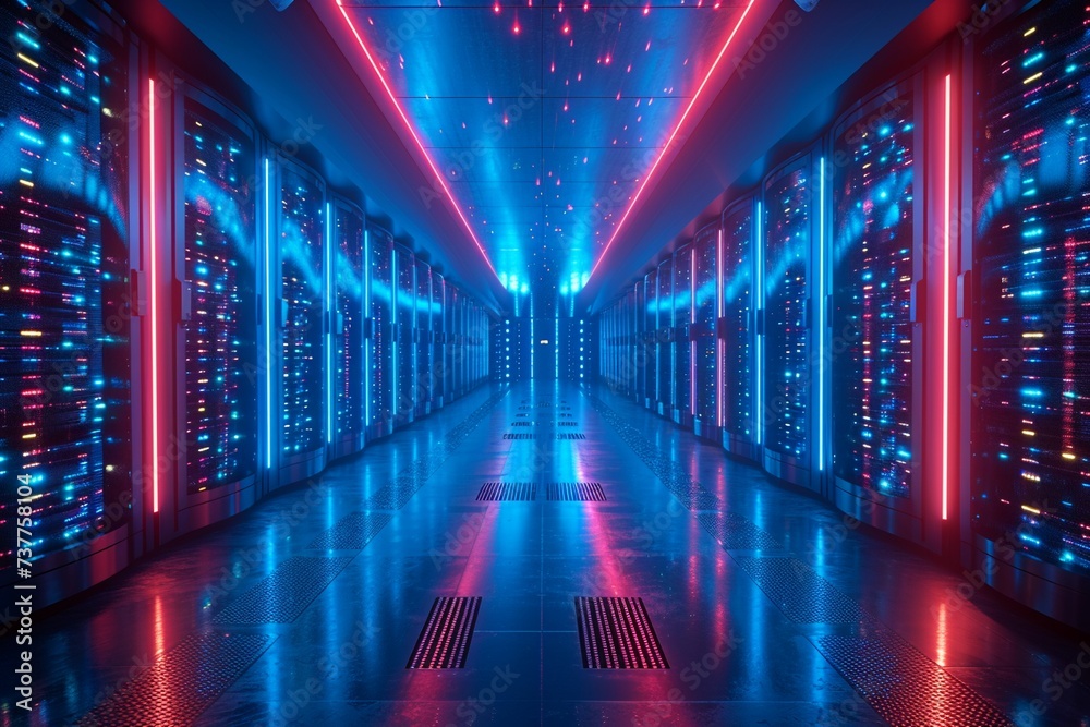 a futuristic data center with rows of high-tech servers glowing in neon blue color - obrazy, fototapety, plakaty 
