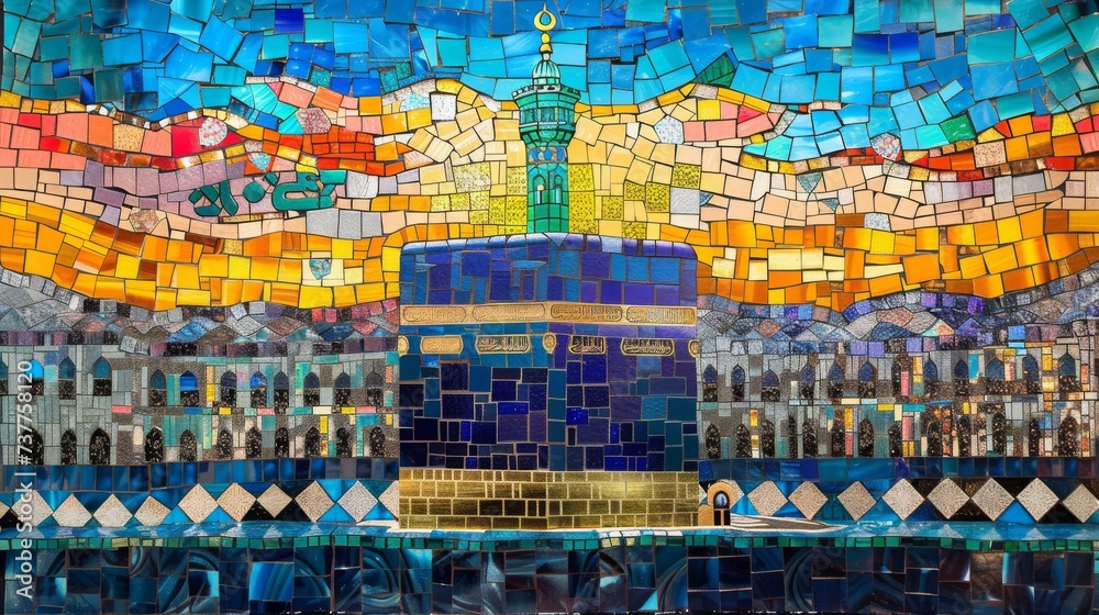 mosaic artwork depicts the Kaaba, a cubical structure adorned with vibrant stained glass pieces in an intricate geometric pattern