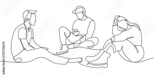 Continuous Line Drawing of Group of Friends. Minimalist Line Drawing of Friend Group Sitting Pose. Vector Illustration for T-shirt, Slogan Design, Web, Print, Graphics