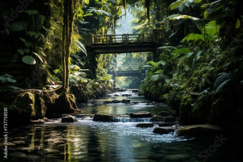 there is a bridge over a river in the jungle