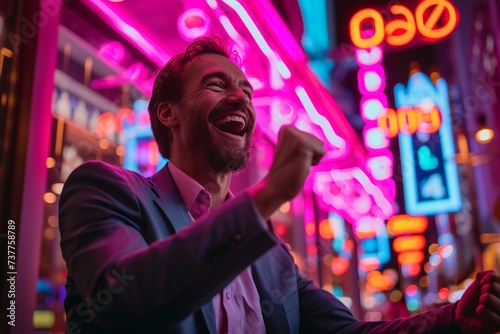 an ecstatic man in formal attire celebrating a big win at a casino