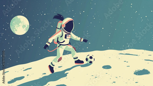 Girl playing soccer on the moon, astronaut illustration, space, science, sci-fi
