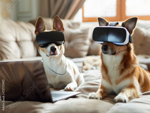 A virtual reality game for pets with dogs and cats using VR headsets to explore digital worlds guided by a laptop © BussarinK