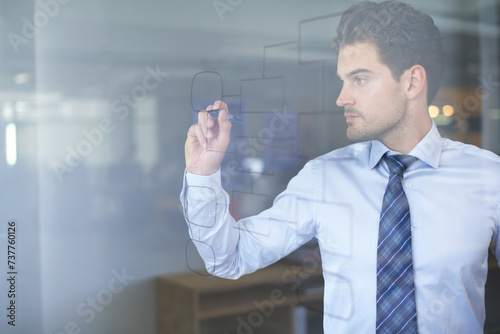 Glass wall, mindmap and businessman with drawing for brainstorming, strategy and idea on mockup. Professional man, vision and thinking with flowchart for analysis, problem solving and planning photo