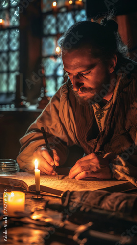 A warrior poet writes verses by candlelight his words a tribute to the historical wars and heroes of centuries past