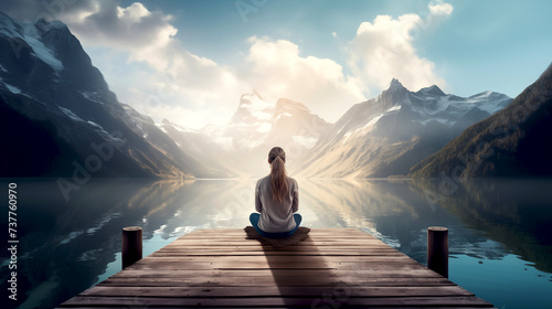 Calm morning meditation scene of a young woman is meditating while sitting on wooden pier outdoors with beautiful lake and mountains nature. wellness soul concept photo