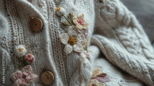 A cozy cardigan knitted with soft wool and adorned with handsewn patches of fabric in delicate floral patterns perfect for a cozy day at home.