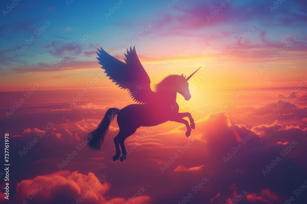 A celestial unicorn with wings soaring among the clouds at sunset casting vibrant colors - obrazy, fototapety, plakaty 