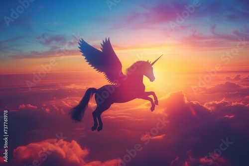 A celestial unicorn with wings soaring among the clouds at sunset casting vibrant colors