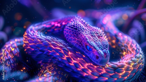 A divine serpent adorned with pulsating neon scales photo