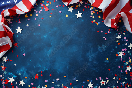 US Independence Day 4th of July banner template. Flat lay American flag with confetti stars on blue background. Generative AI 