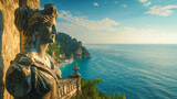 An ancient warrior statue overlooks the sea its gaze fixed on the horizon a guardian of history and tales of war from centuries ago
