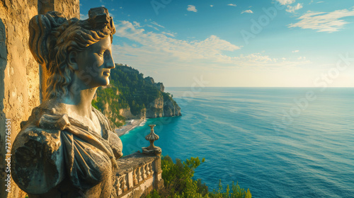 An ancient warrior statue overlooks the sea its gaze fixed on the horizon a guardian of history and tales of war from centuries ago photo