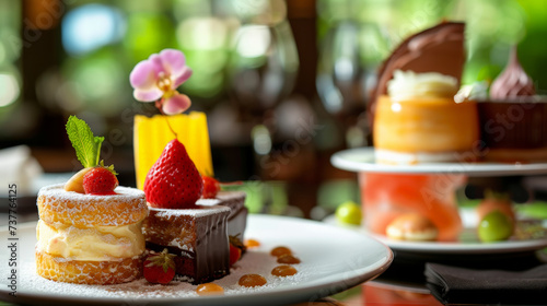 An international dessert sampler closeup on each delicious sweet presented in a warm inviting dining setting