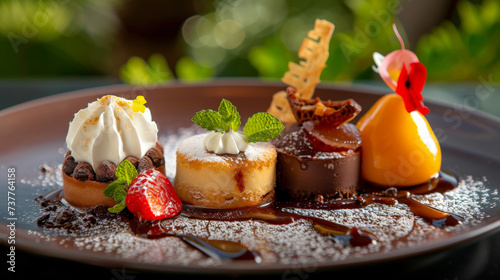 An international dessert sampler closeup on each delicious sweet presented in a warm inviting dining setting photo