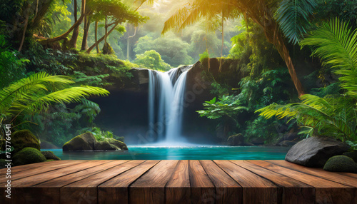 Scenic Showcase  Empty Wooden Tabletop Stage in Tropical Jungle Setting