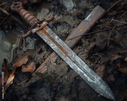 An old weathered sword found on a forgotten battlefield speaks silently of the warrior who wielded it in wars of another century photo