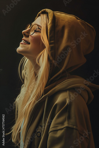 A blond woman with glasses wearing a hoodie, looking to the left side, is laughing photo