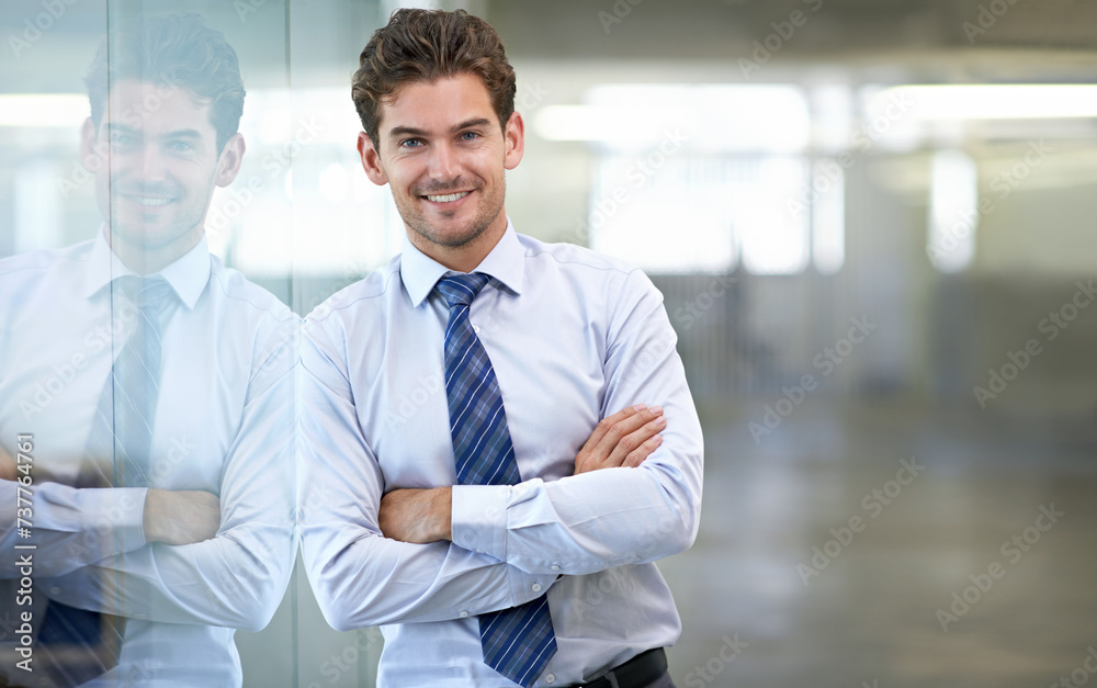 Obraz premium Businessman, portrait and happy with arms crossed in office for professional career in finance, confidence and pride. Entrepreneur, face of employee and smile for relax, break or mockup space at work