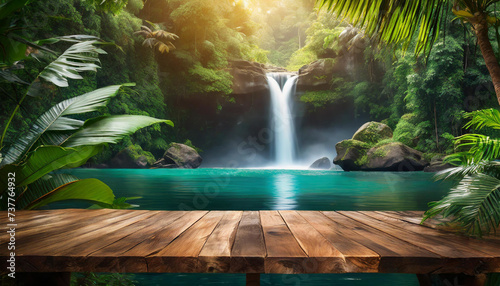 Jungle Oasis  Wooden Tabletop Showcase Stage Amidst Tropical Paradise
