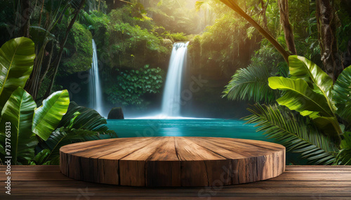 Nature s Display  Wooden Tabletop Showcase Against Tropical Jungle Backdrop