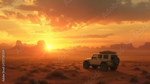 SUV offroad adventure in the red desert on the sand dune