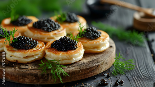 Black Caviar Blini on a wooden tray, food photography