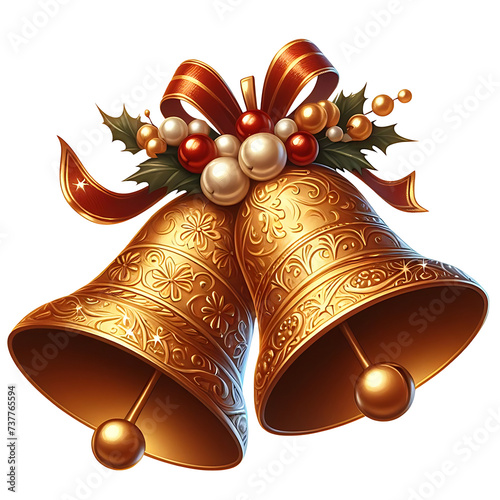 christmas bells with red ribbon and bow, Christmas decoration without background
