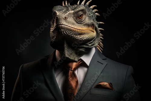 Exotic nature head iguana reptile lizard in male portrait in the suit