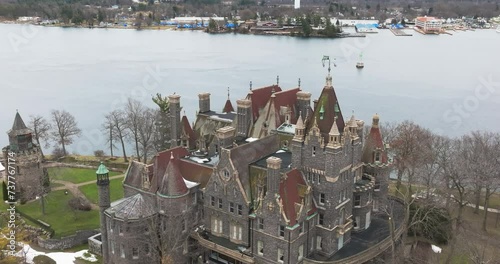 Boldt Castle, Heart Island, New York, near the Village of Alexandria Bay, NY.  Winter video of the historic castle owned by the Thousand Island Bridge Authority, on the St Lawrence River. 02-11-2024	 photo