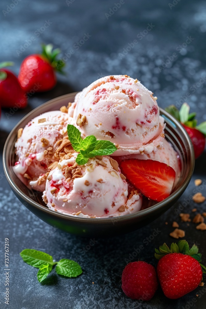 Dessert in the form of sweet creamy ice cream with strawberries Dessert in the form of sweet creamy ice cream with strawberries