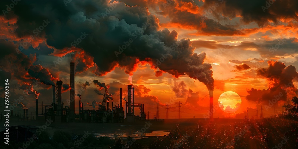 Factory's Dark Smoke Against Fiery Sunset Represents Environmental Impact. Concept Climate Change Awareness, Industrial Pollution, Sunset Pollution, Environmental Impacts