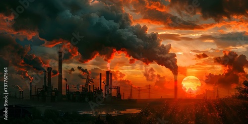 Factory's Dark Smoke Against Fiery Sunset Represents Environmental Impact. Concept Climate Change Awareness, Industrial Pollution, Sunset Pollution, Environmental Impacts