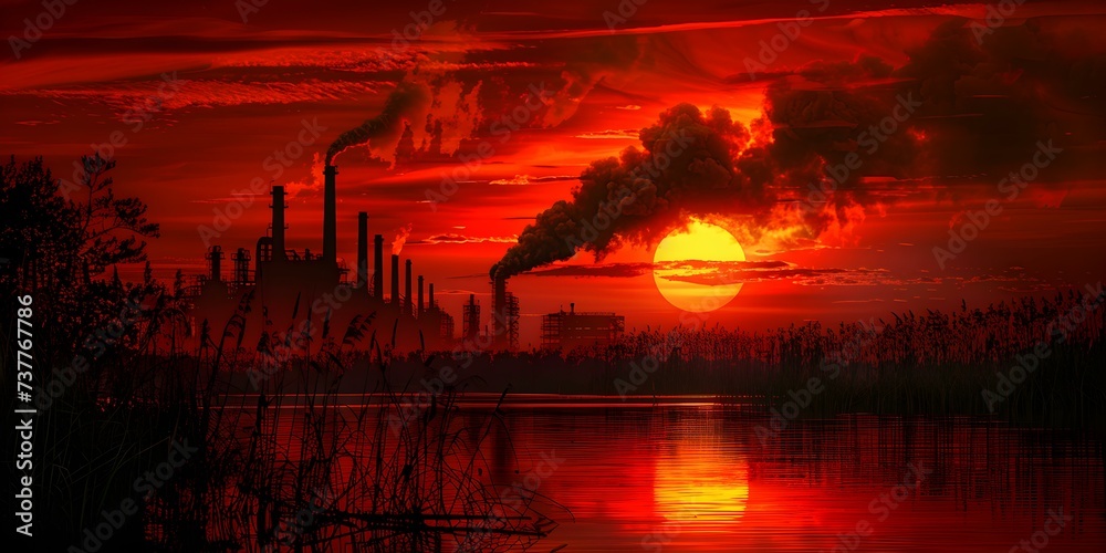 Fiery Sunset: A Symbolic Illustration of Environmental Impact as a Factory Emits Dark Smoke. Concept Fiery Sunset, Environmental Impact, Factory Smoke, Symbolic Illustration Fiery Sunset: A Symbolic Illustration of Environmental Impact as a Factory Emits Dark Smoke. Concept Fiery Sunset, Environmental Impact, Factory Smoke, Symbolic Illustration