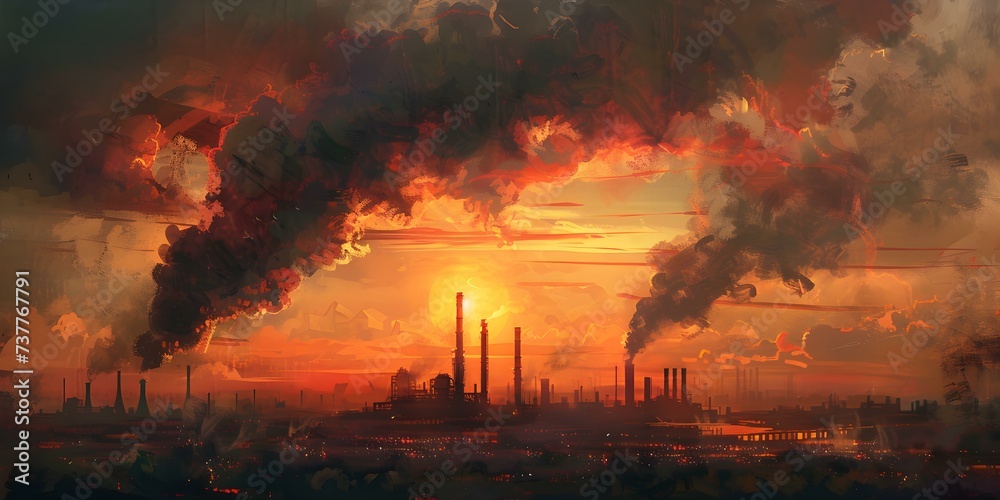 Factory emits dark smoke against a fiery sunset symbolizing environmental impact. Concept Urban pollution, Industrial emissions, Environmental degradation, Sunset backdrop, Symbolic imagery