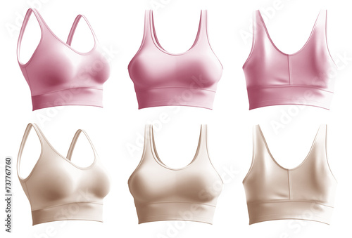  2 Set of pastel light pink beige, front back side view, sports exercise bra tank crop top on transparent background cutout, PNG file. Mockup template for artwork graphic design