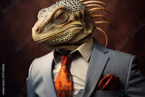 Exotic nature head iguana reptile lizard in male portrait in the suit © Denis