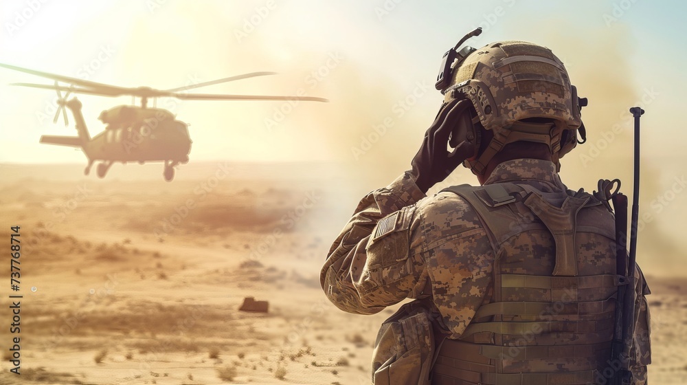 During a military operation in the desert, a US soldier covers his eyes as a combat chopper approaches. During a military operation in the desert, a US soldier covers his eyes as a combat chopper approaches.