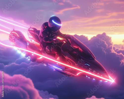 Futuristic neon jetpacks offer a fast cheerful way to race through the clouds transforming air transport photo