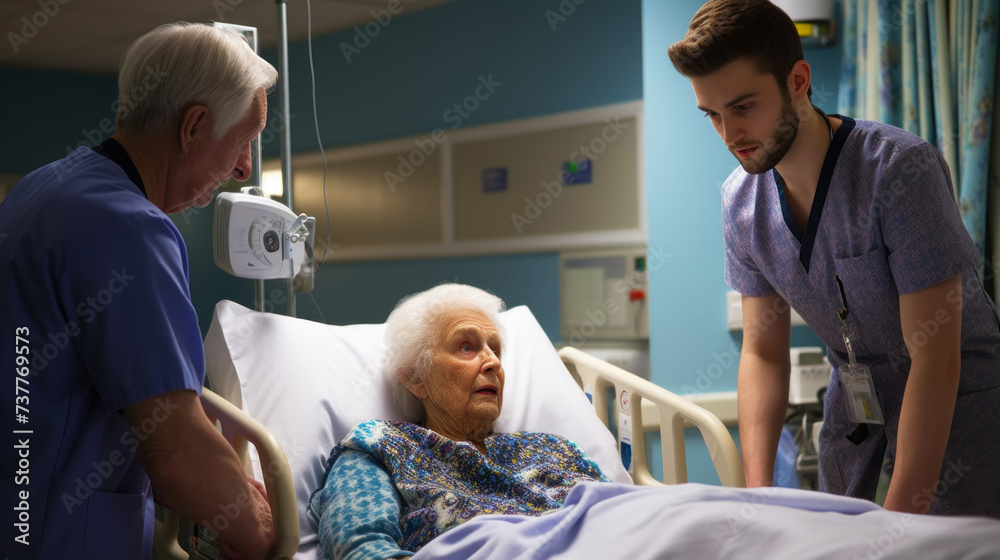 Obraz premium Medical workers give advice to an elderly woman lying on a hospital bed in a hospital ward. Generative AI