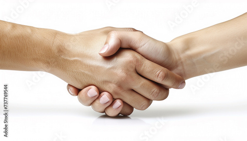 Close-up of a firm handshake against a white background, symbolizing trust and agreement.