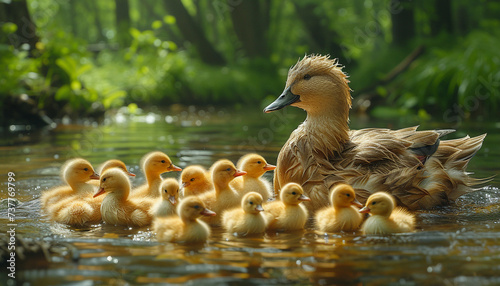 A mother duck with her ducklings swimming in a tranquil forest stream. © Vagengeim