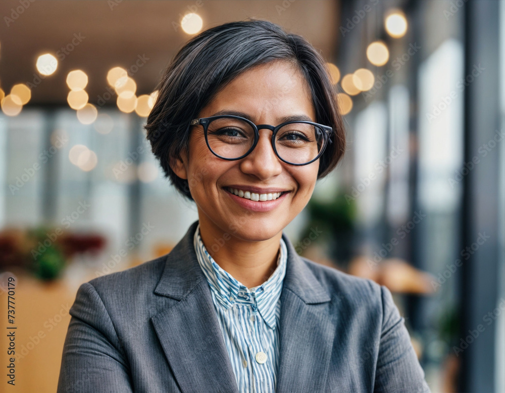 A woman with black hair and glasses is smiling. She is wearing a grey blazer and a striped shirt. The background is blurred and there are lights strung in the background. A woman with black hair and glasses is smiling. She is wearing a grey blazer and a striped shirt. The background is blurred and there are lights strung in the background.