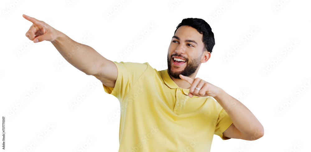 Happy, man and hand pointing to deal announcement, sale or discount promo on isolated, transparent or png background. News, information and excited male customer show offer, presentation or platform Happy, man and hand pointing to deal announcement, sale or discount promo on isolated, transparent or png background. News, information and excited male customer show offer, presentation or platform