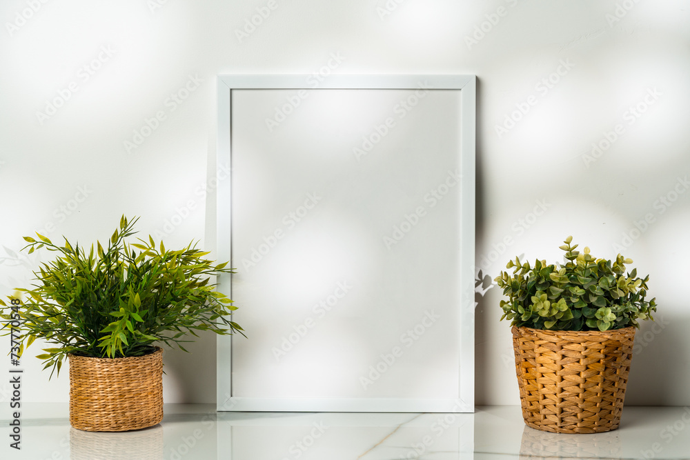 Potted plant and blank picture frame against white wall Potted plant and blank picture frame against white wall