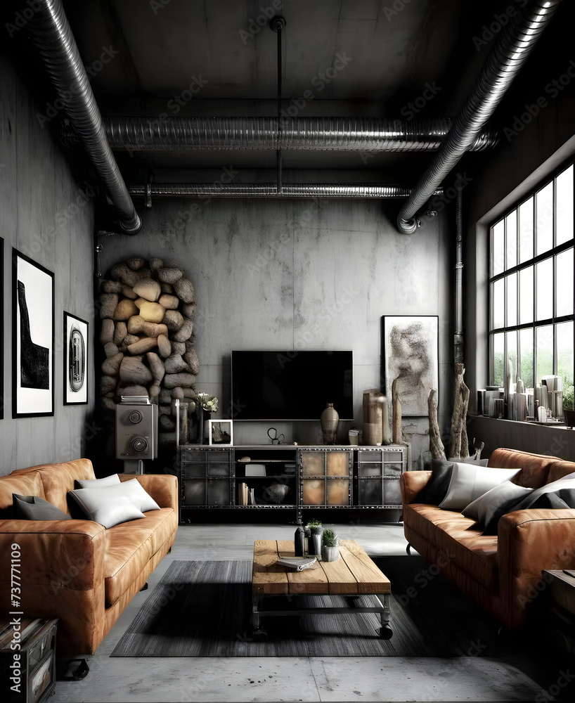 Fototapeta premium Living room interior, industrial style, 3D render